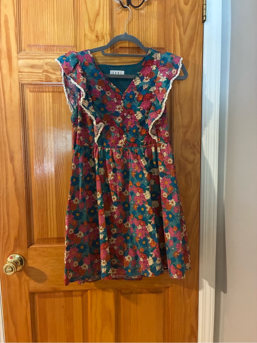 THML Floral Ruffle Mini Dress in Teal and Pink